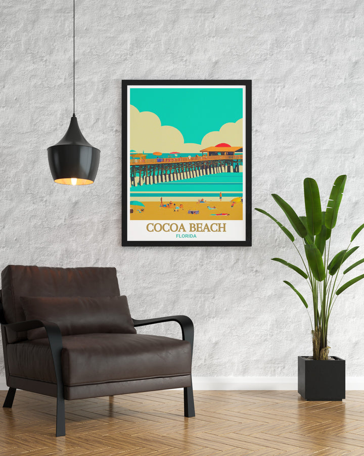 Elegant poster of Cocoa Beach, capturing the tranquil atmosphere and the timeless beauty of Floridas coastline. This print is ideal for creating a peaceful and inspiring environment in any home or office.