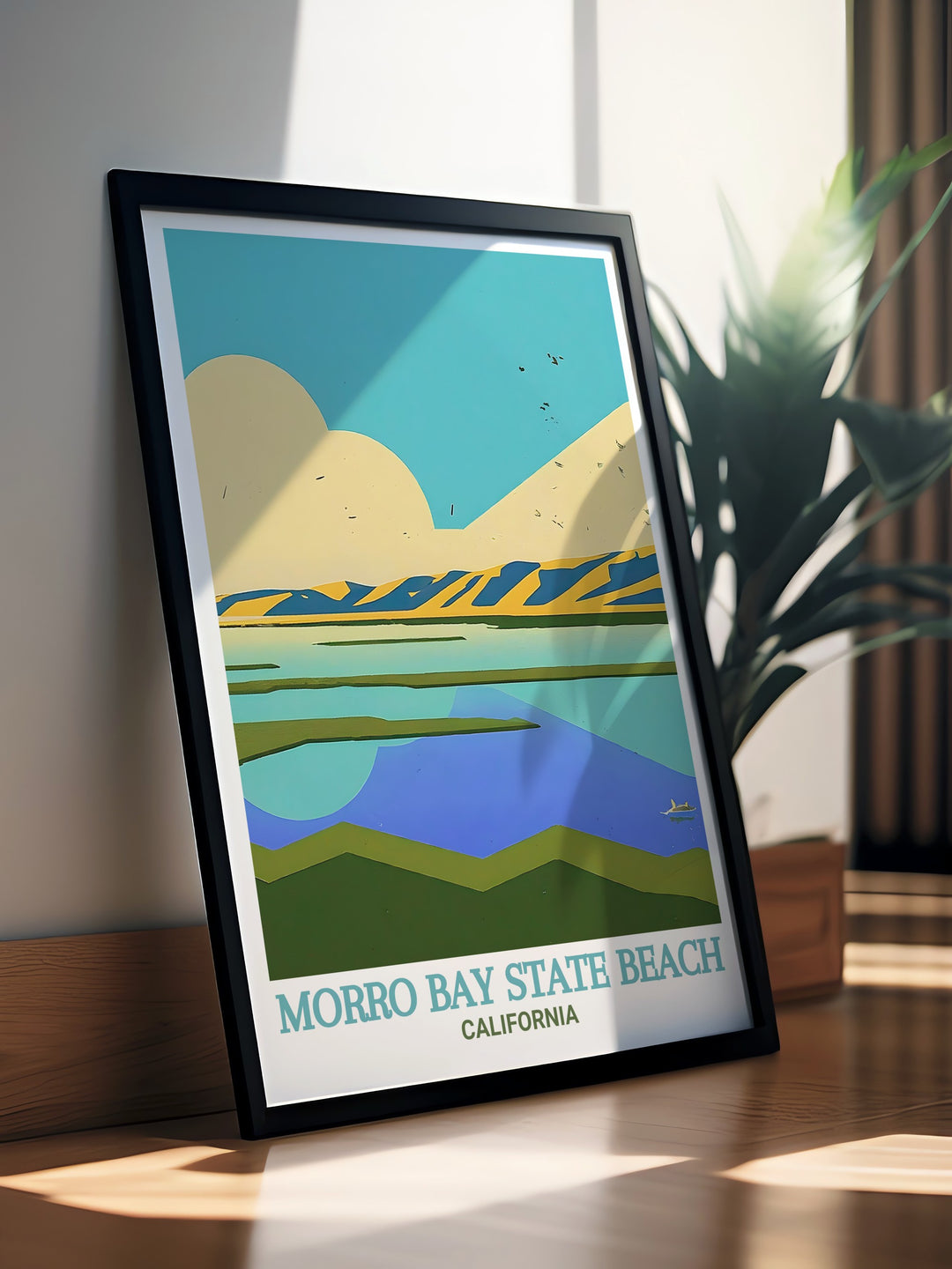 This Morro Bay travel poster combines the beauty of the Morro Bay State Beach and the peaceful estuary. The vibrant colors and fine details in this artwork make it a perfect addition to any home decor inspired by nature.