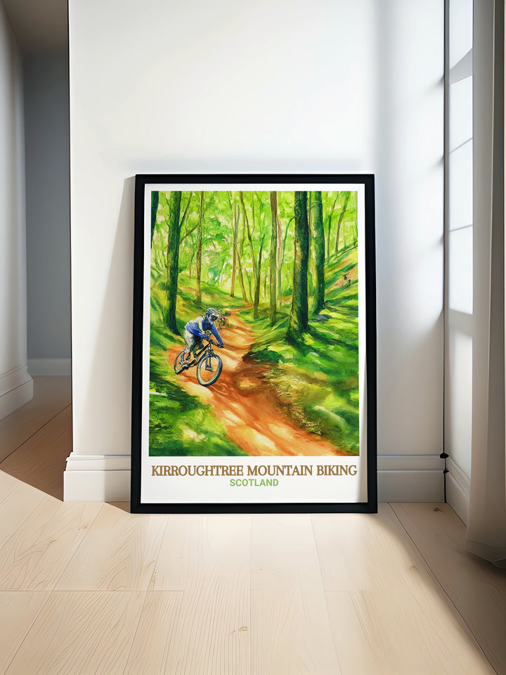 Galloway Forest Park wall poster highlighting the adventurous mountain biking trails of 7stanes at Kirroughtree. This art print is perfect for anyone who enjoys the thrill of outdoor sports and exploring scenic natural landscapes.