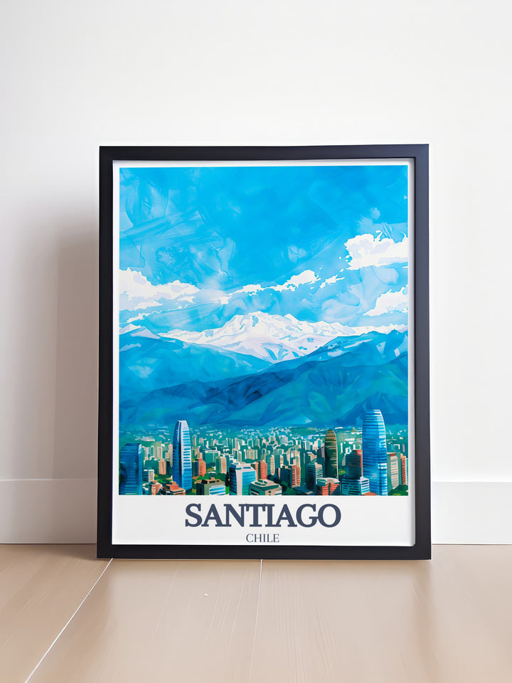 Stunning Santiago cityscape and Andes Mountains modern print brings a unique blend of urban beauty and natural majesty into your home This Spain travel gift is perfect for art and travel enthusiasts who appreciate elegant and modern decor