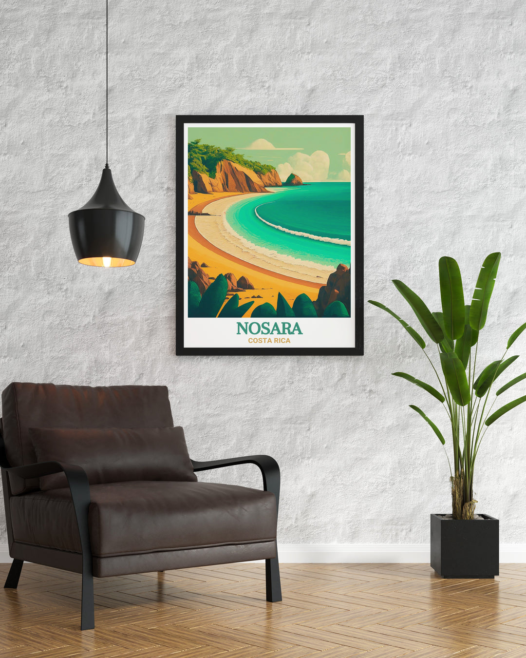 The tranquil shores of Playa Pelada in Nosara, Costa Rica, are captured in this detailed artwork. Known for its peaceful atmosphere and stunning sunsets, this beach is a perfect escape from the everyday hustle. This print brings a touch of Costa Rican charm to your space, offering a serene and calming presence.