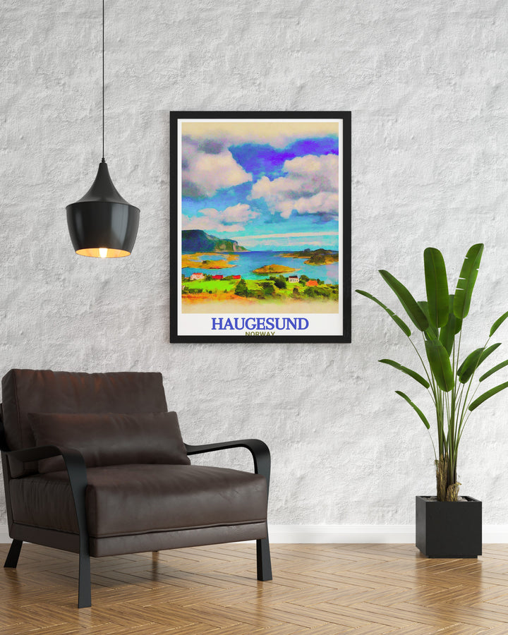 This Haugesund poster print captures the scenic beauty of Haugesund, Norway, with a focus on the coastal views of Røvær Island and the surrounding North Sea coast, making it a perfect travel print for any art lover.