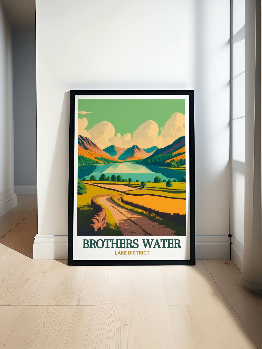 This Brothers Water poster print captures the calm, reflective waters of this stunning Lake District location. Ideal for nature lovers and those who appreciate the beauty of Englands national parks, this art print brings a serene touch of Cumbria into your home décor.