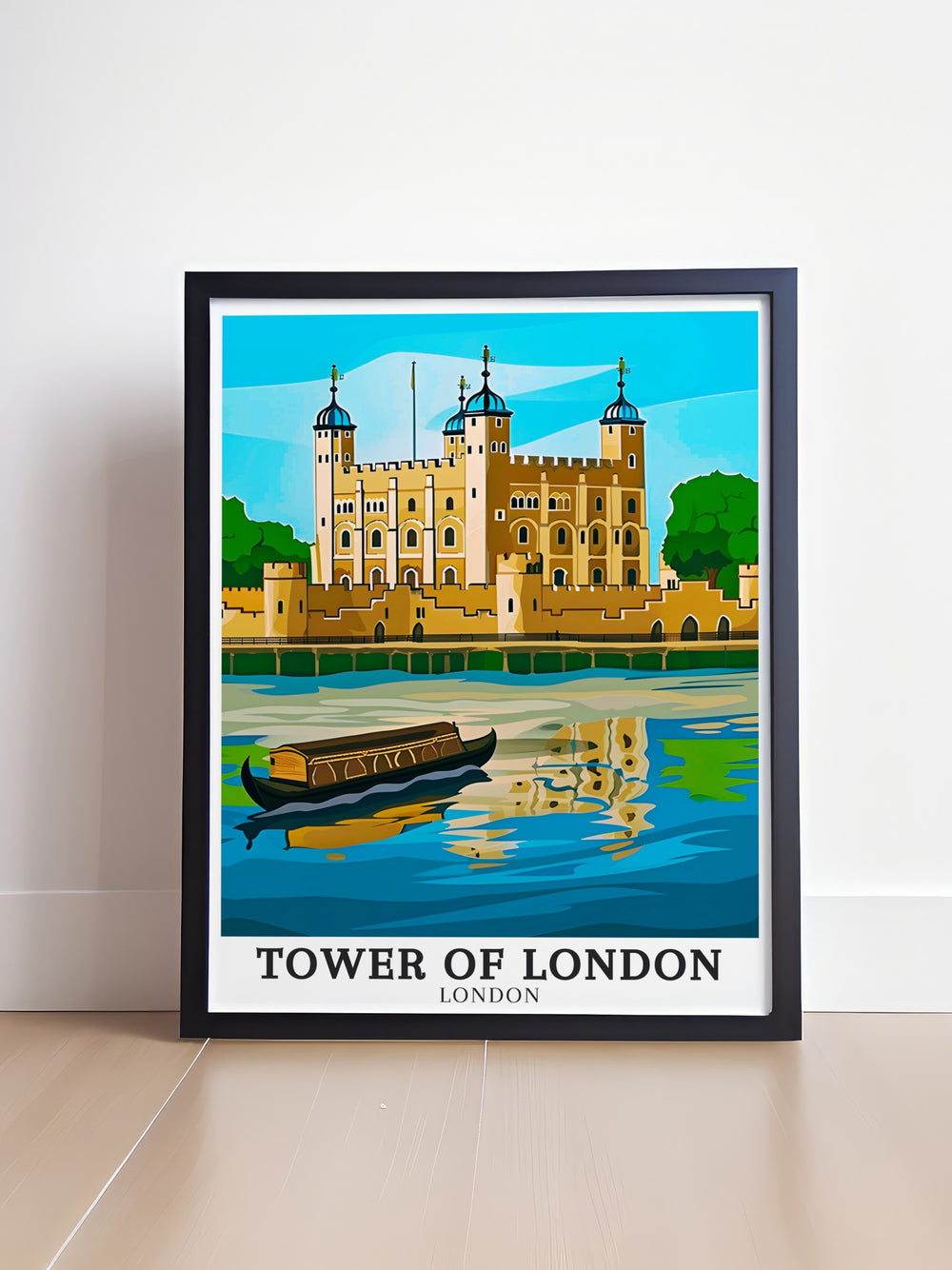 London retro travel posters featuring picturesque views of the Tower of Londons Thames Canal and His Majestys Royal Palace. These art deco travel posters bring a vintage charm to your home decor, perfect for travel lovers and history enthusiasts. Capture the timeless beauty of London with our retro travel posters.