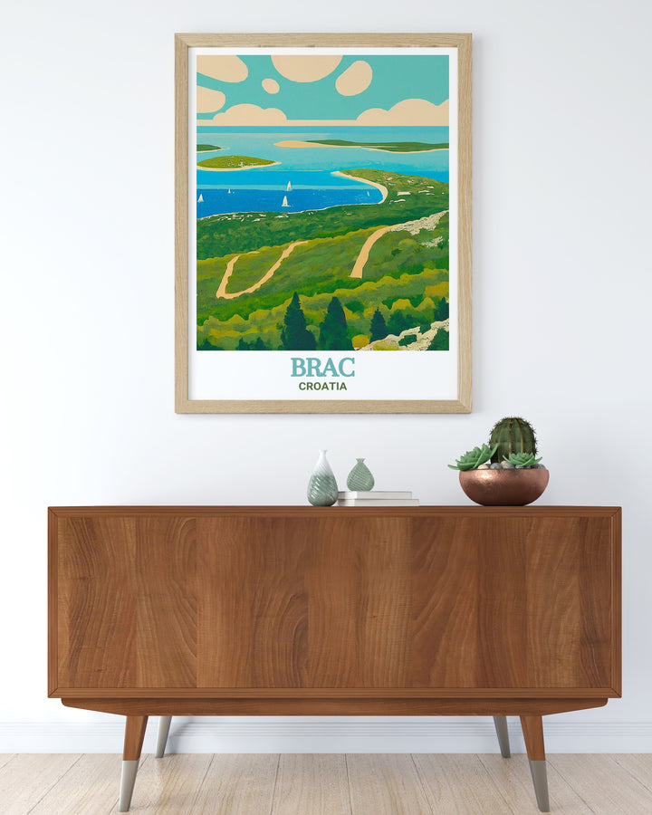 Our Brac travel print features Vidova Gora, a prominent landmark on the island of Brac in Croatia. The print brings to life the majestic views from the peak, making it an ideal piece for anyone who appreciates the natural splendor of Croatia