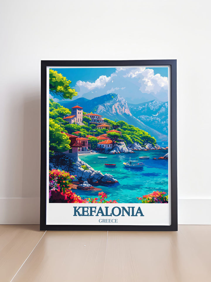 Travel poster of Assos Village, highlighting its tranquil ambiance, picturesque scenery, and historical relevance. The fine line design brings the villages unique charm to life.