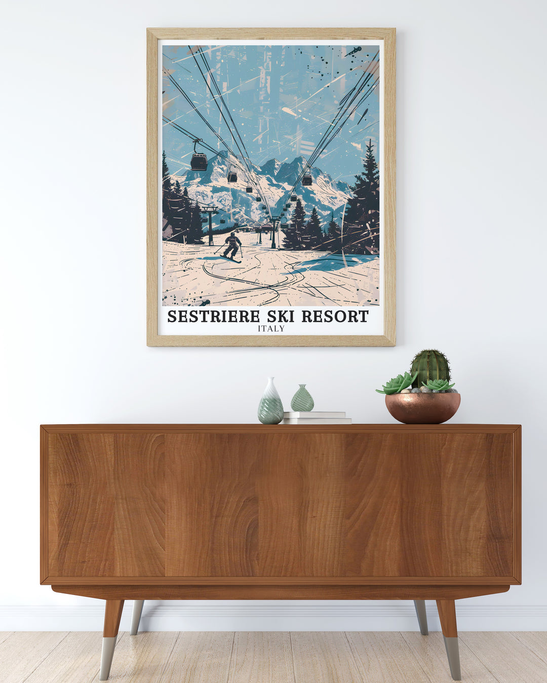 Italian Alps art print featuring Sestriere Ski Resort. This vibrant poster highlights the snow covered slopes and picturesque village, making it a perfect addition to any space. Ideal for those who dream of alpine adventures.