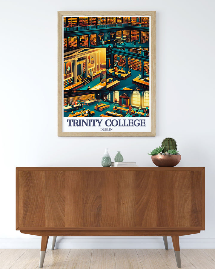 This framed art captures the timeless beauty of Trinity College and its historic library. Highlighting the famed Book of Kells, this print is ideal for anyone who appreciates classic architecture and Irish culture.