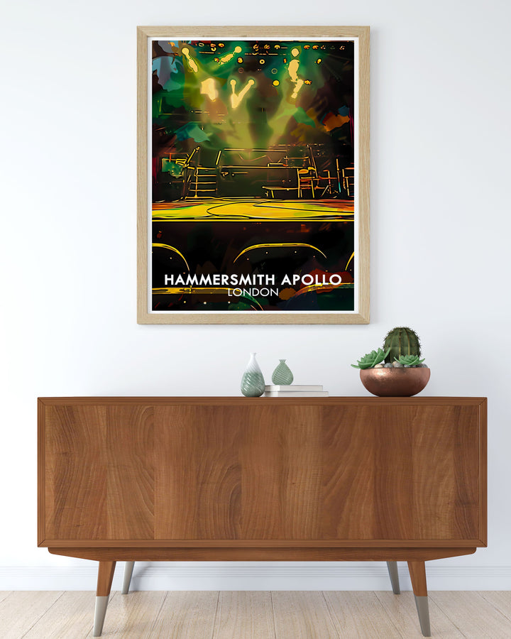 Showcasing the vibrant atmosphere of Hammersmith Apollos stage, this travel poster brings the excitement of live performances into your home decor.