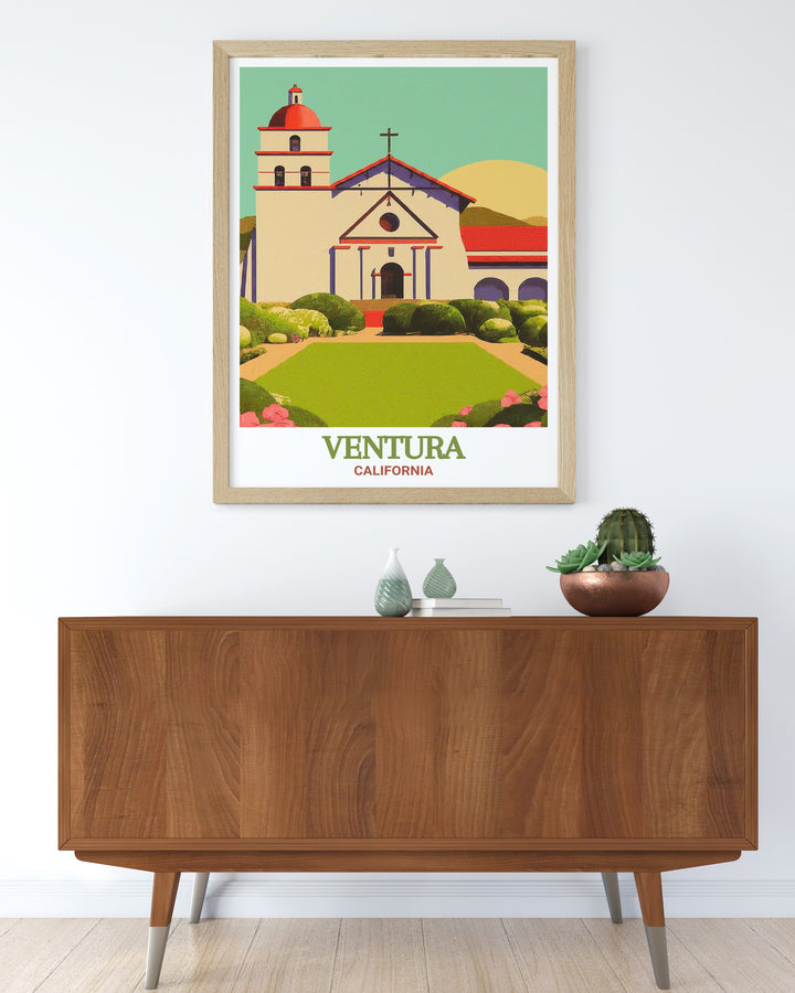 Celebrate Venturas rich history with this stunning matted art print featuring the Mission San Buenaventura and a detailed street map of Ventura County. The monochromatic design offers a timeless piece that complements any decor, making it an excellent choice for those who appreciate Californias cultural heritage and coastal charm.