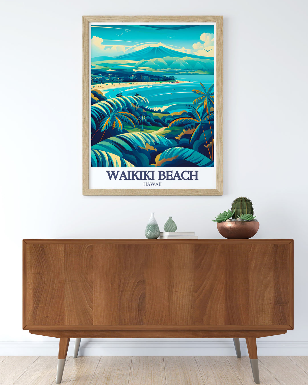 Waikiki Beach Illustration featuring the iconic shoreline and the backdrop of Diamond Head Crater. The detailed artwork offers a vivid representation of Hawaiis natural beauty, perfect for beach homes or anyone who loves tropical art.