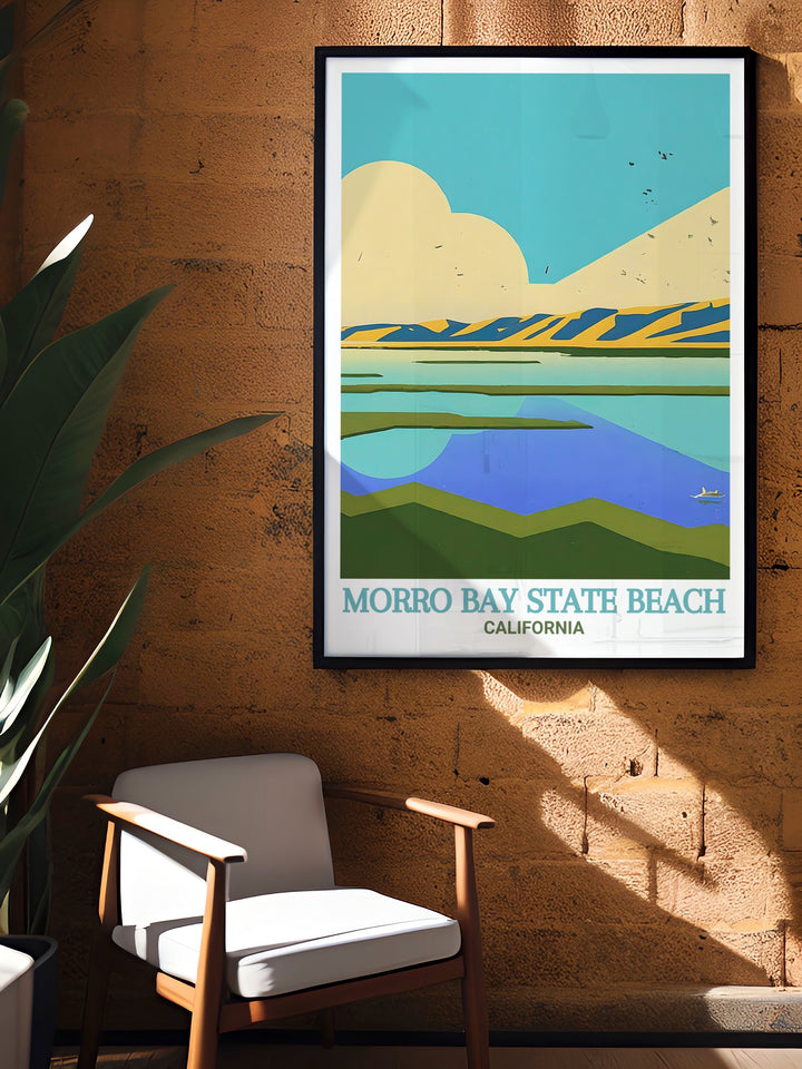 This Morro Bay State Beach poster print captures the stunning coastline of California, with its golden sands and vibrant waters, along with the calm beauty of the Morro Bay Estuary. Perfect for anyone who loves Californias natural wonders.