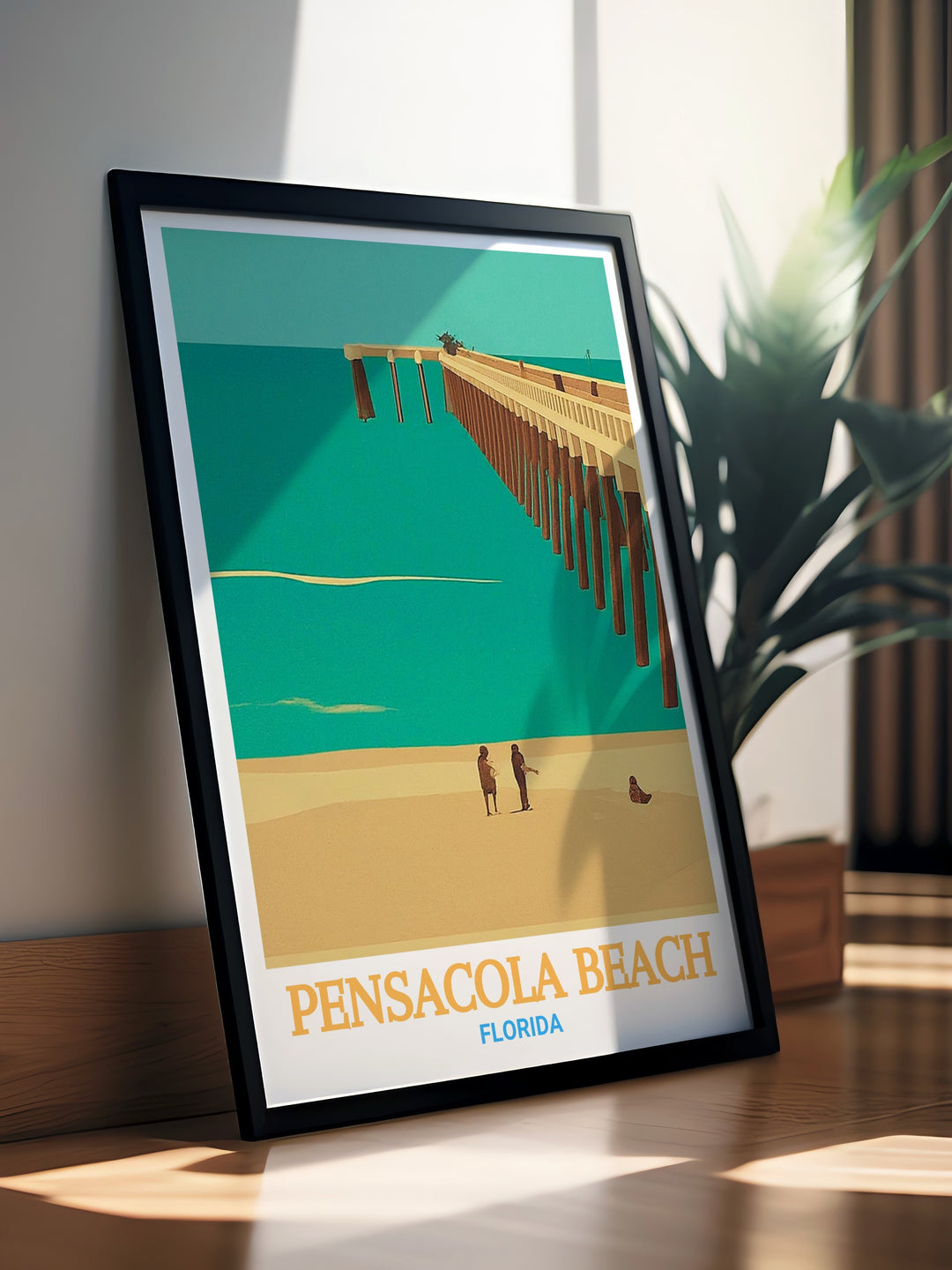 Florida travel poster featuring the picturesque Pensacola Beach Pier at Pensacola Beach. Ideal for adding a touch of Floridas charm to your decor. This print captures the essence of the scenic coastal landmark.