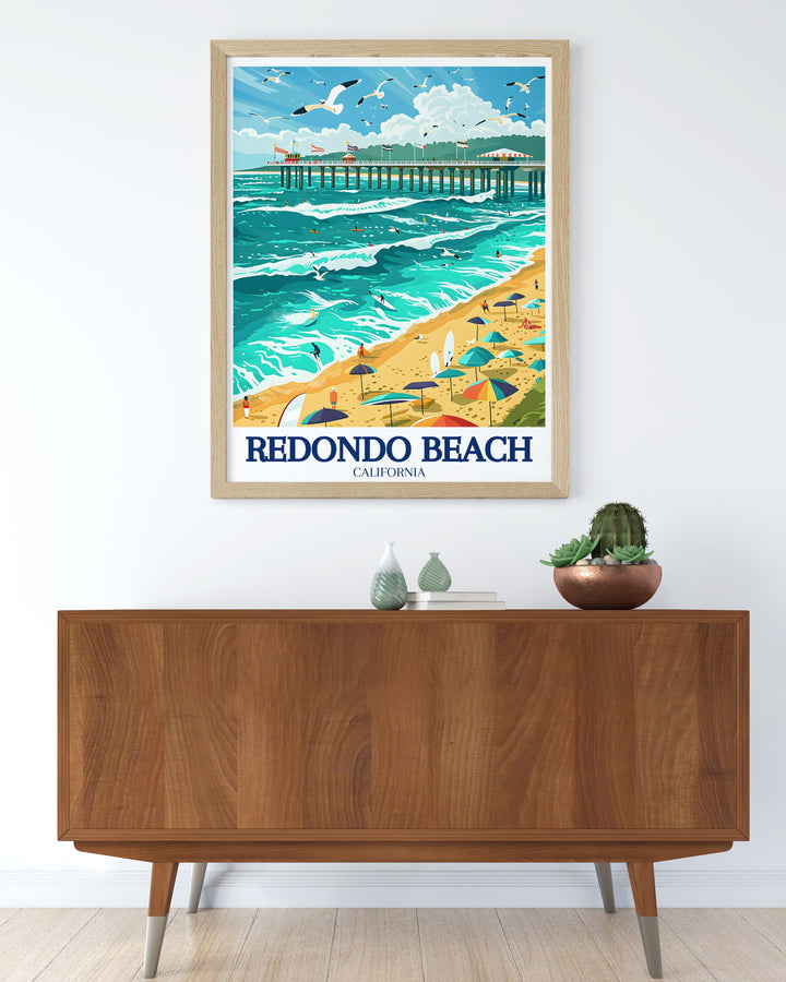 Redondo Beach wall print featuring the iconic landmarks of Redondo Beach and Palos Verdes Peninsula, two of Southern Californias most cherished coastal spots. This travel poster is ideal for adding a touch of ocean inspired art to your home décor.