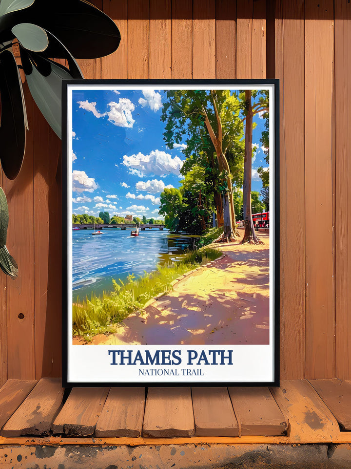 Detailed River Thames print capturing the serene flow through Putney London and the majestic Thames Barrier this artwork is perfect for home decor and a thoughtful gift for those who appreciate Londons iconic river