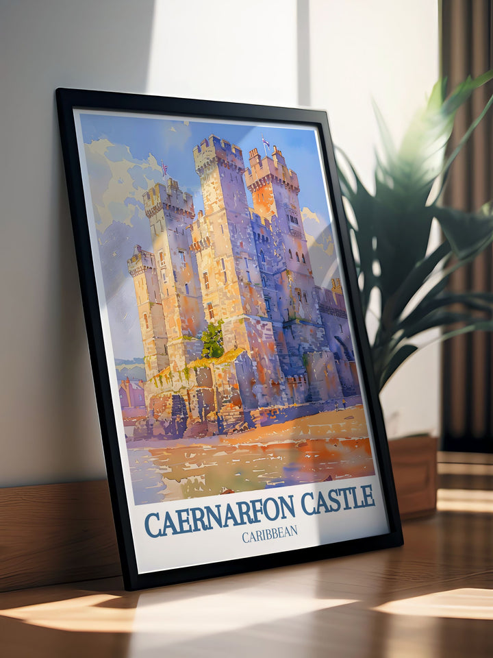 This travel poster captures the historic charm of Caernarfon Castle and the scenic beauty of the Menai Strait, perfect for adding a touch of Welsh heritage to your home decor.