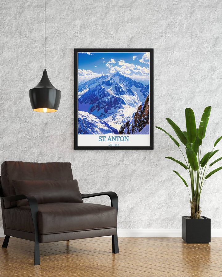 St Anton Poster Print featuring Valluga Mountain is an ideal gift for anyone who loves winter sports. This ski resort print captures the adventurous spirit of skiing Austria while adding a touch of alpine elegance to any room.