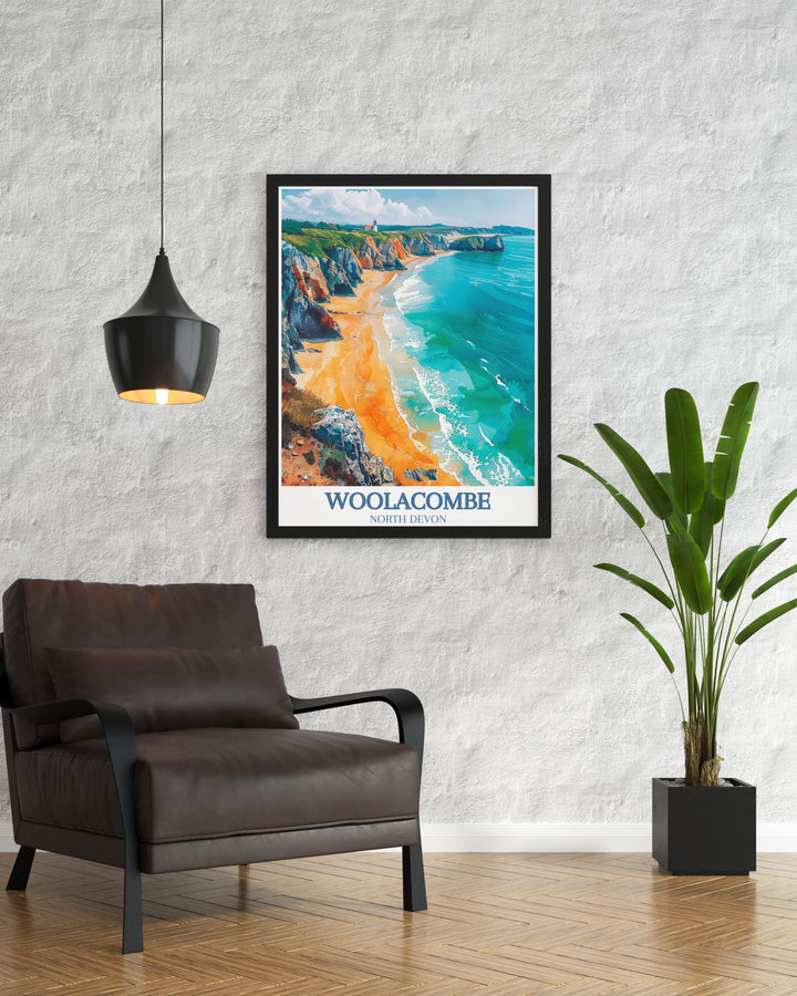 Elegant Woolacombe Beach Bullpoint Lighthouse wall art featuring the serene coastal scene of Devon perfect for living room or bedroom decor a unique and thoughtful gift for birthdays or special occasions