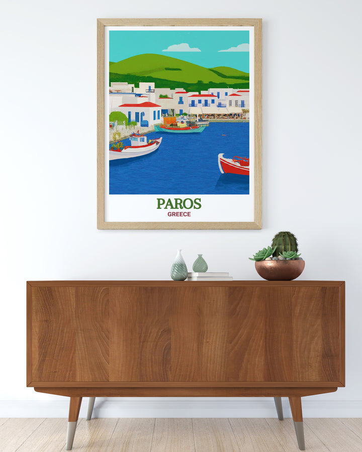 Enhance your decor with this stunning canvas art of Naoussa Harbor on Paros, depicting the idyllic harbor scene with its serene waters and lively boats. This piece brings the essence of Greek island life into your home.