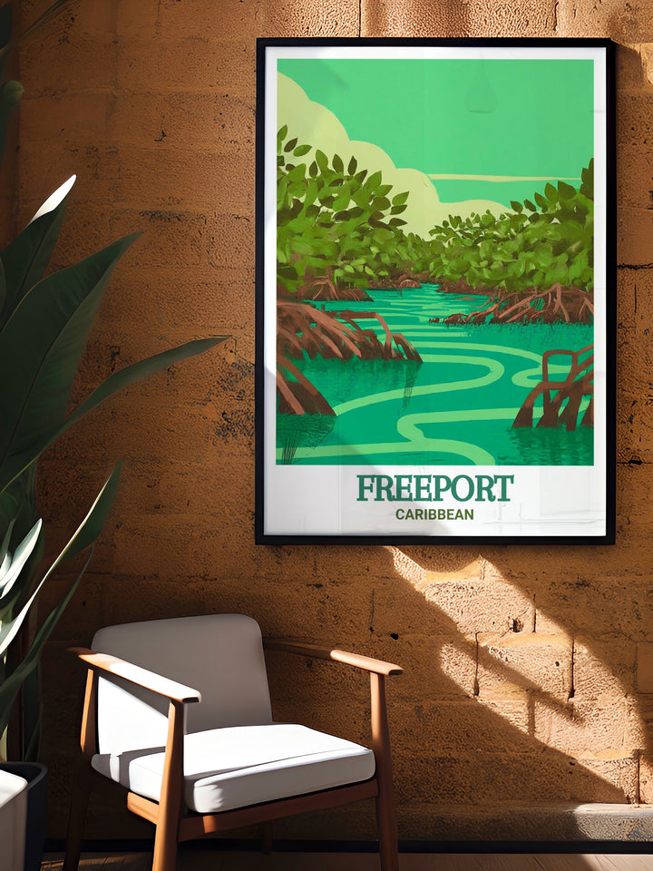 This poster offers a visual journey through Freeport and Lucayan National Park, highlighting the vibrant colors and serene landscapes that define the Caribbean experience.