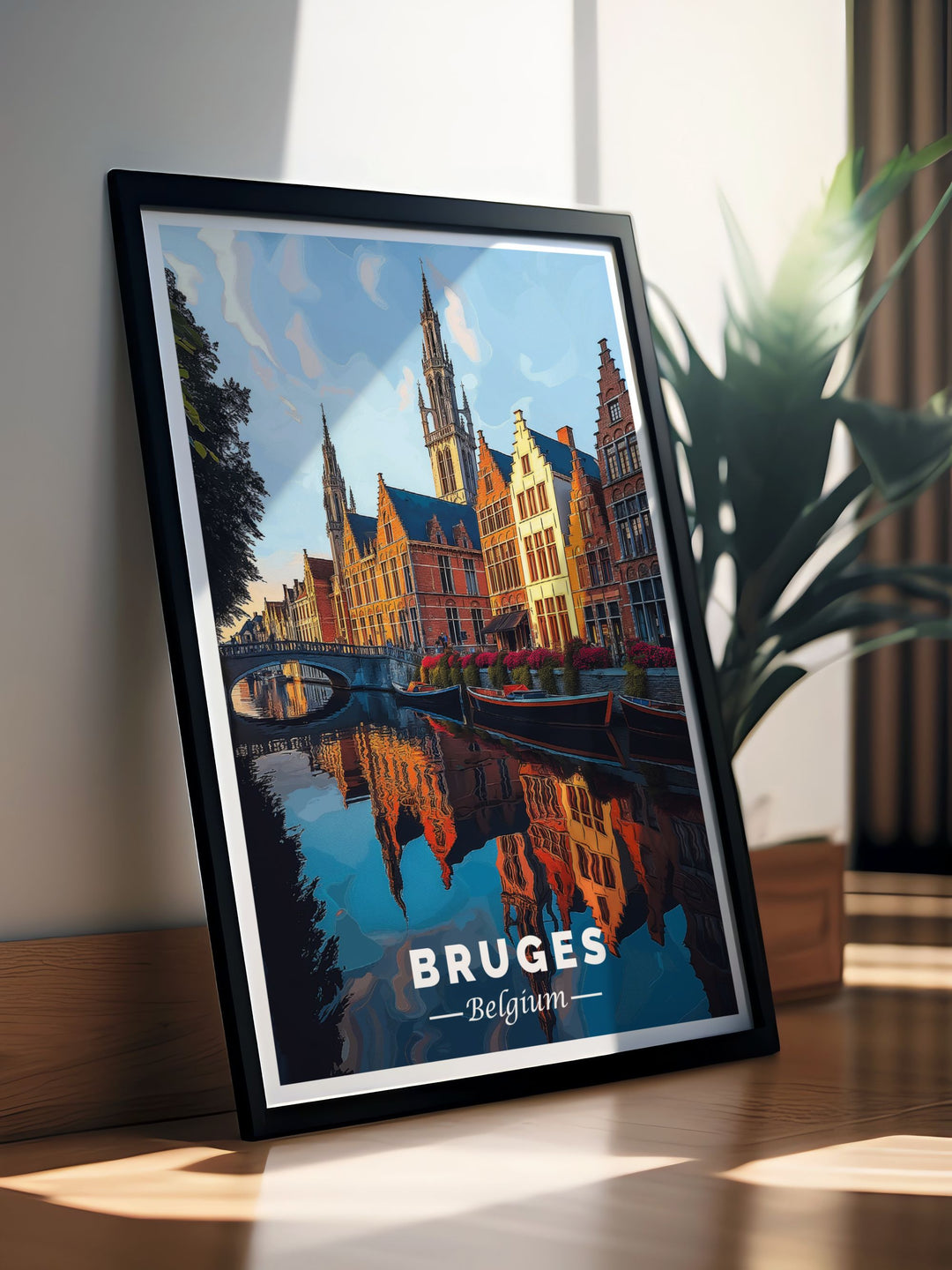 Exquisite Bruges artwork featuring a picturesque canal scene. This Belgium travel print brings the magic of Bruges to life with its detailed depiction of the citys beautiful waterways and historic bridges. Perfect for any home or office.
