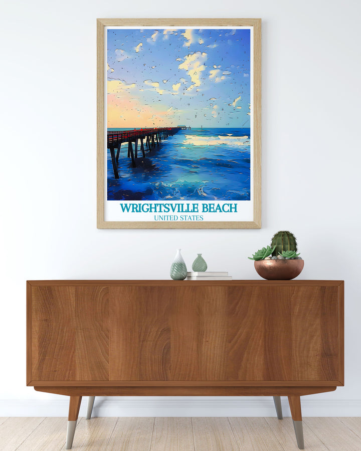 Add coastal charm to your home with the Wrightsville Beach Art Print featuring Johnnie Mercers Pier. The aesthetic poster offers a minimalist design and a vintage color palette making it a perfect wall art print for creating a serene atmosphere in any room.