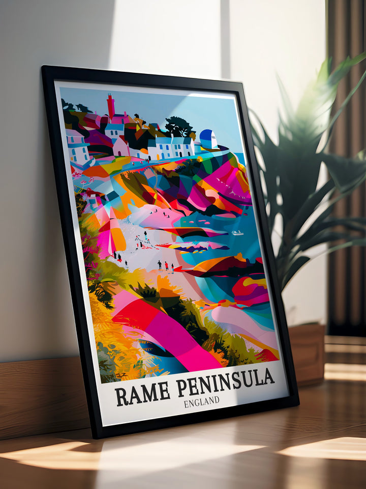 The Rame Peninsula art print featuring Cawsand beach Kingsand is an exquisite piece of Cornwall decor Ideal for modern art lovers this print brings the natural beauty of Cornwalls coastline into your home making it a perfect gift or wall decor.