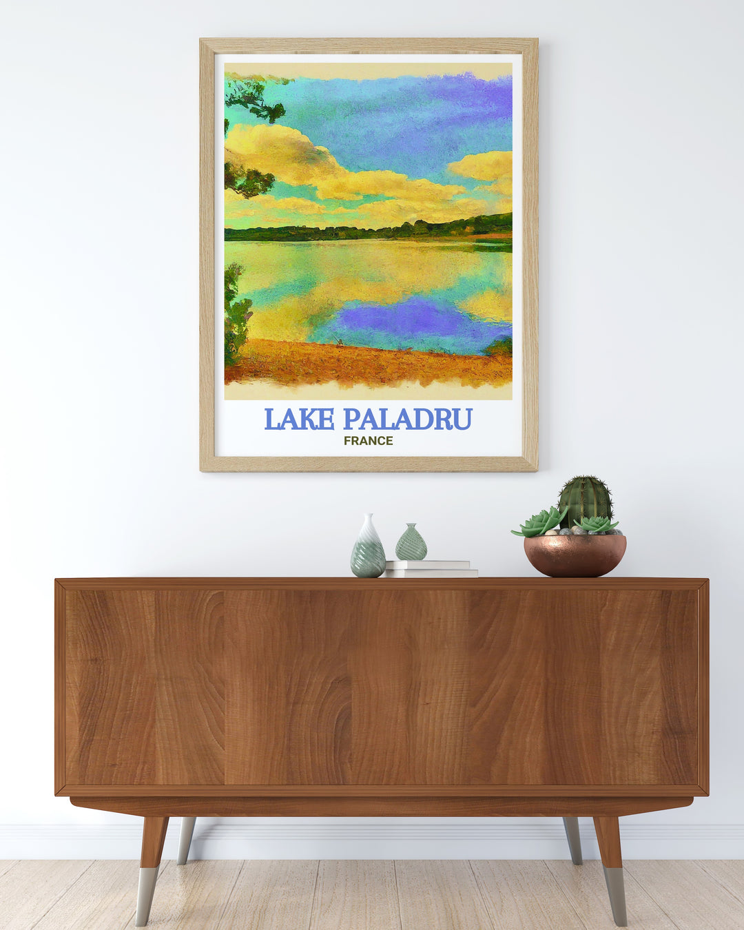 This travel poster features Lake Paladru and Paladru Beach, blending the serene waters of the lake with the peaceful ambiance of the beach. The artwork offers a calming influence, making it an ideal addition to any room seeking a touch of natures beauty.