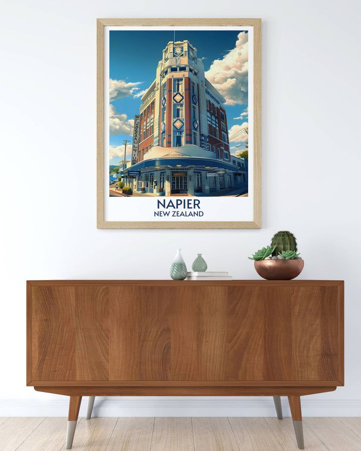 Stunning The Masonic Hotel Poster featuring detailed Art Deco elements ideal for adding a touch of New Zealands architectural beauty to any room