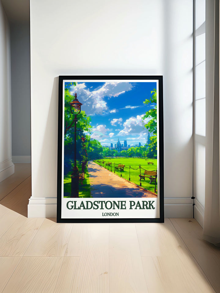 Custom print of Gladstone Park, showcasing its serene beauty and historic charm, perfect for those who appreciate the tranquility and scenic landscapes of Londons green spaces.