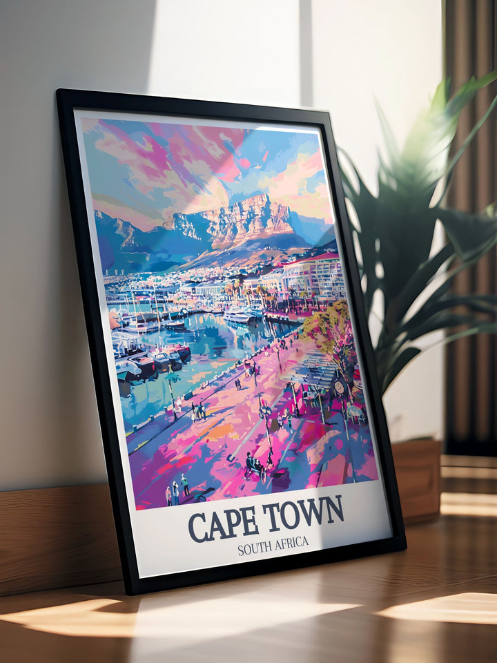 Discover the charm of Cape Town with this South Africa art print featuring Table Mountain and Cape of Good Hope. This travel poster is ideal for those who love South African landmarks and want to showcase their passion for Cape Town decor.
