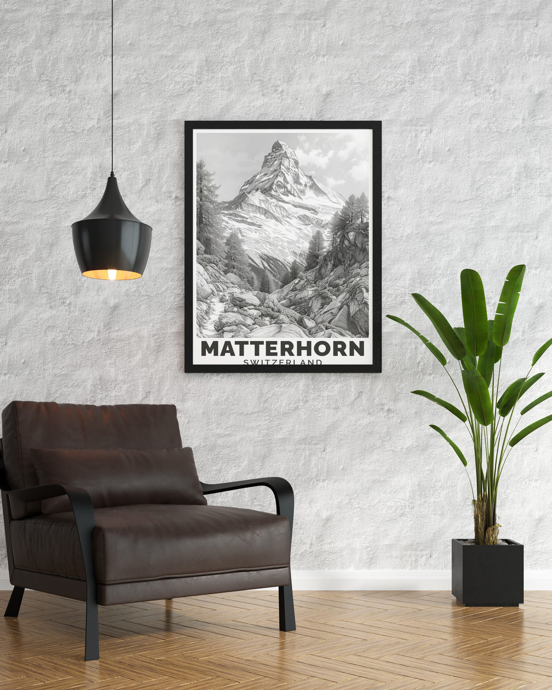 Mountain Artwork featuring the Matterhorn with stunning details of the Swiss Alps and snowboarding scene perfect for living room decor