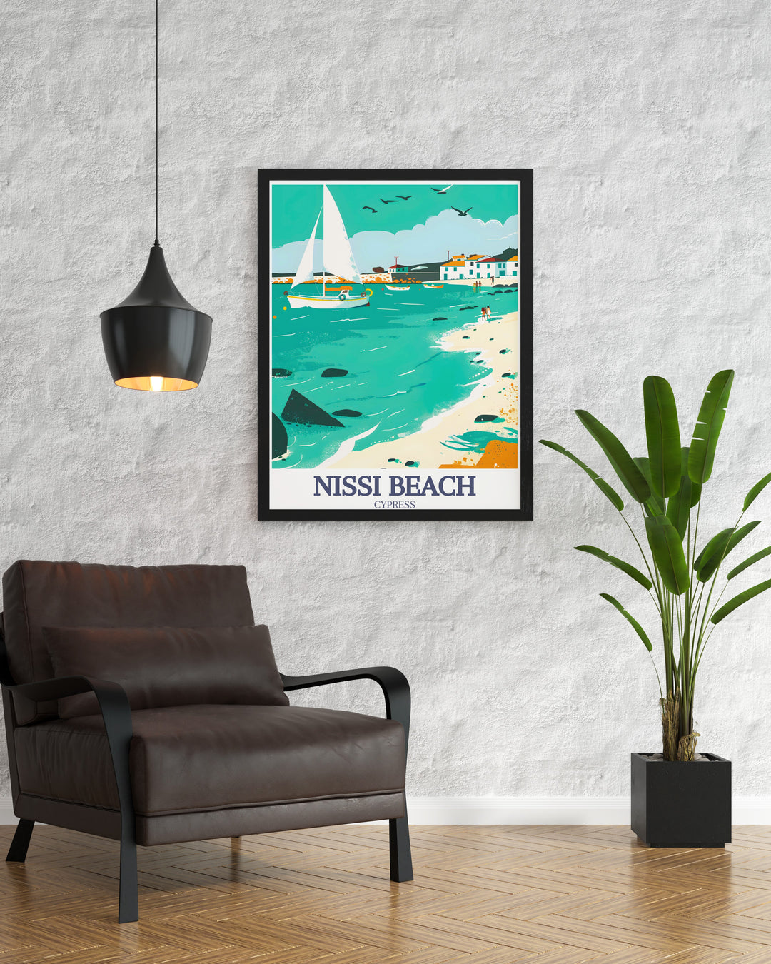 A vibrant Nissi Beach poster print that captures the beauty of Cypruss coastline. Featuring Ayia Napa Harbor, this travel print offers a perfect balance of serene beach views and bustling harbor life, making it a great gift for anyone who loves the Mediterranean.