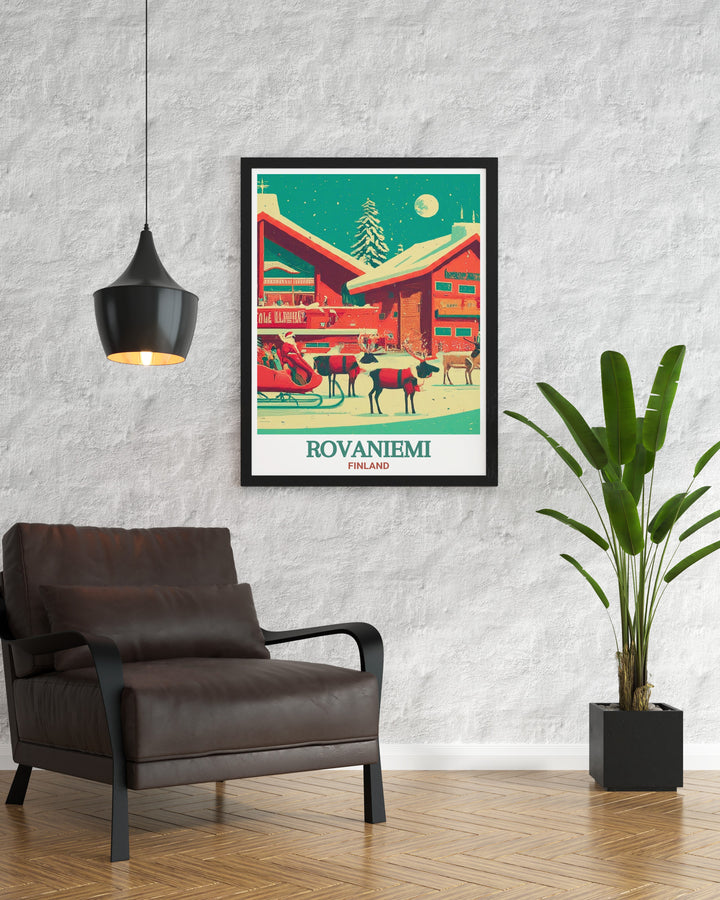 A detailed and festive print of Santa Claus Village in Rovaniemi, Finland, capturing the magic of the holiday season. This artwork is an ideal Christmas gift and adds a joyful touch to your home decor.