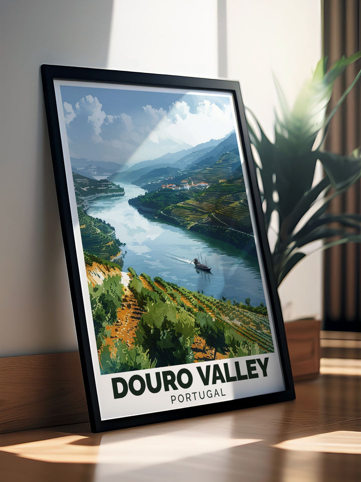 Home decor print illustrating the scenic beauty of the Douro River, highlighting the lush vineyards and traditional quintas of Portugals wine region.
