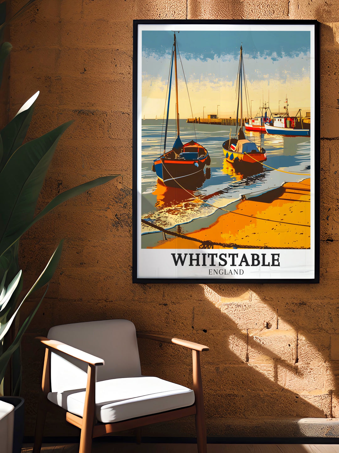 Whitstable Harbour art print featuring the bustling marina and colourful buildings. This detailed illustration captures the dynamic charm of Whitstable Harbour, perfect for enhancing coastal themed decor in any room.