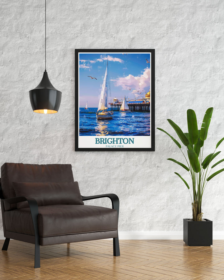 English Channel travel poster showcasing the vibrant Brighton Beach and its bustling pier, an ideal illustration print for lovers of coastal art and nostalgic travel designs.