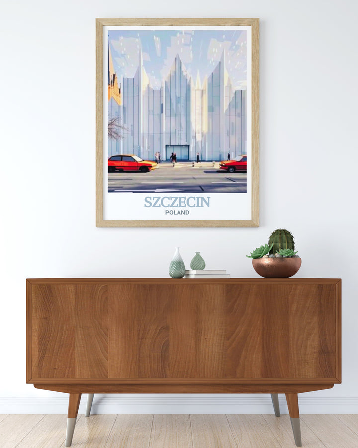 Art print of the Szczecin Philharmonic, highlighting the halls distinctive white facade and contemporary design. This piece is perfect for architecture enthusiasts and fans of modern Polish landmarks.