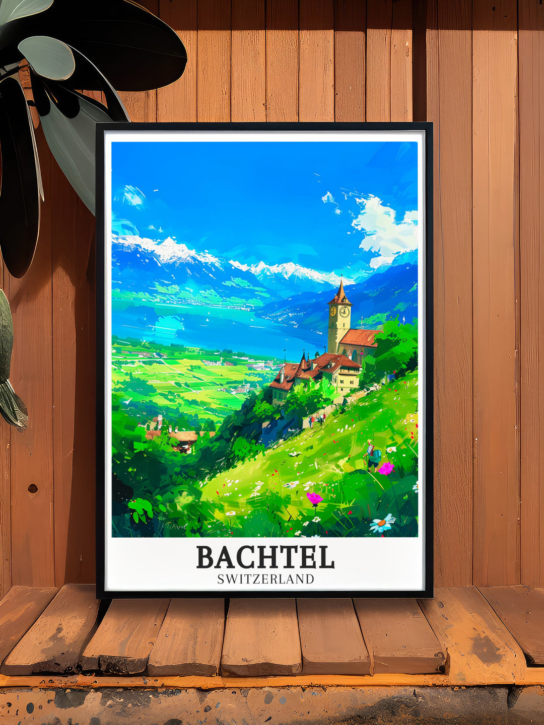 Scenic travel poster of Bachtel with the Swiss Alps and Lake Zurich in the background. Showcasing the breathtaking landscapes and serene environment of this picturesque location. Perfect for enhancing your living room, office, or any space with Swiss charm.