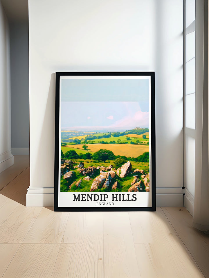 This Mendip Hills poster print beautifully captures the natural beauty of the Mendip Hills, Crook Peak, and Compton Hill, making it a perfect addition for any nature lover. The artwork showcases the timeless landscapes of these iconic Somerset landmarks.