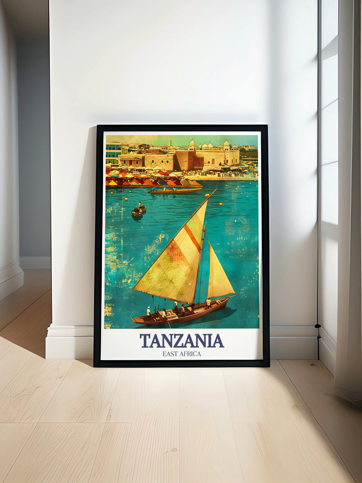 A stunning canvas art piece highlighting the cultural charm of Tanzania, Zanzibar, and Old Town. This detailed artwork captures the essence of these iconic landmarks, making it a meaningful gift for travelers and those who appreciate African history and beauty.