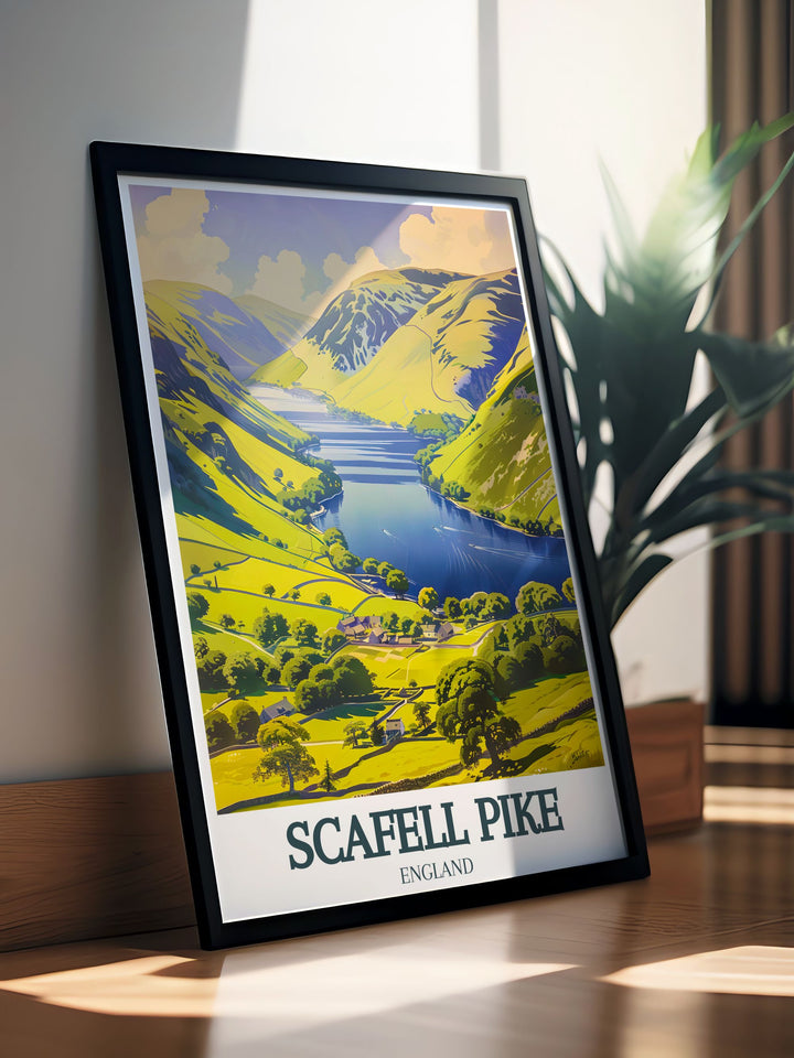 Stunning mountain wall art of Scafell Pike combined with serene views of Derwentwater in the Lake District ideal for anyone looking to add a nature inspired travel poster to their home decor celebrating the beauty of Englands national parks.