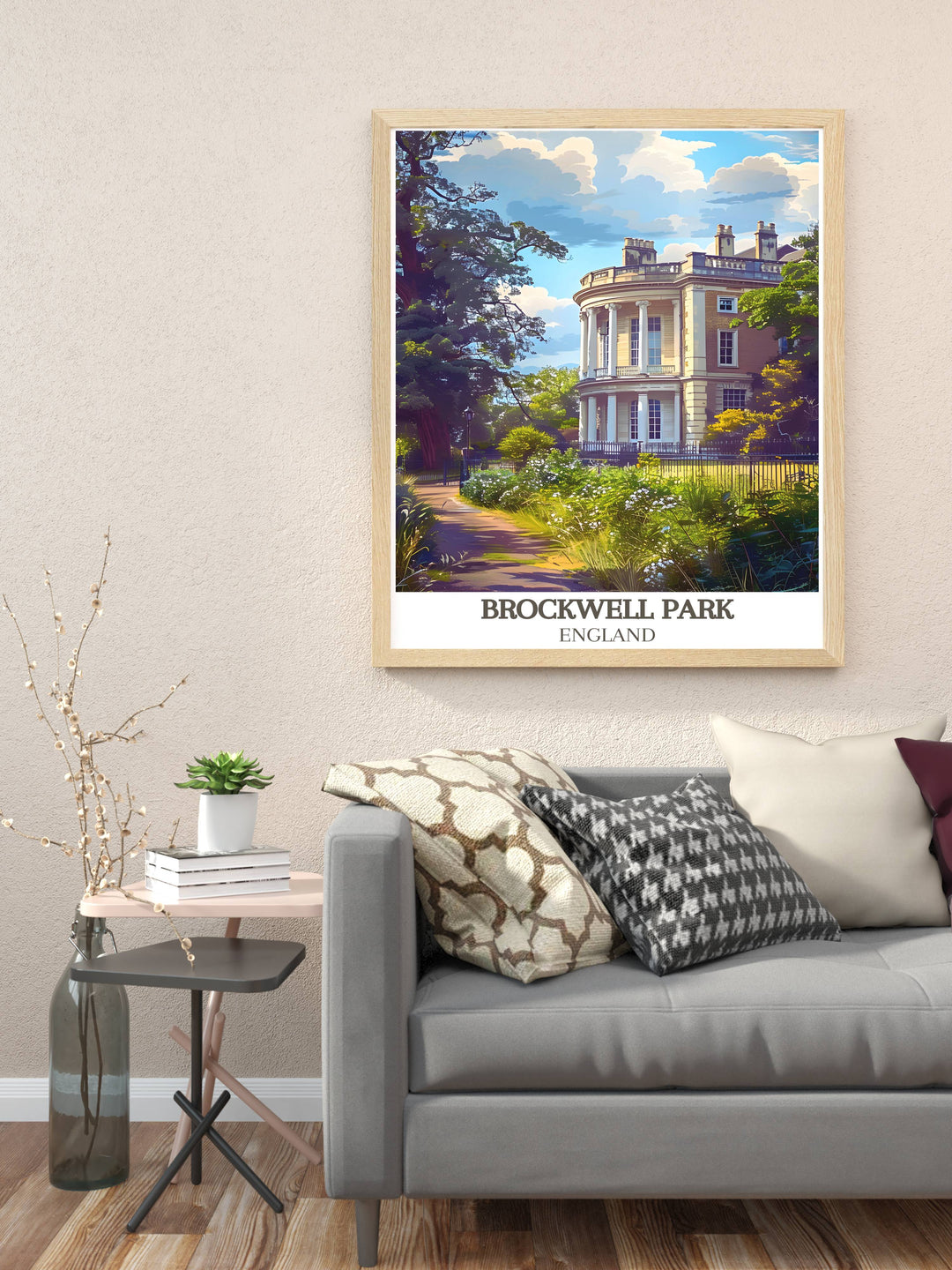 Artistic depiction of Brockwell Hall during autumn with fallen leaves and soft sunset lighting, a stunning addition to any home décor