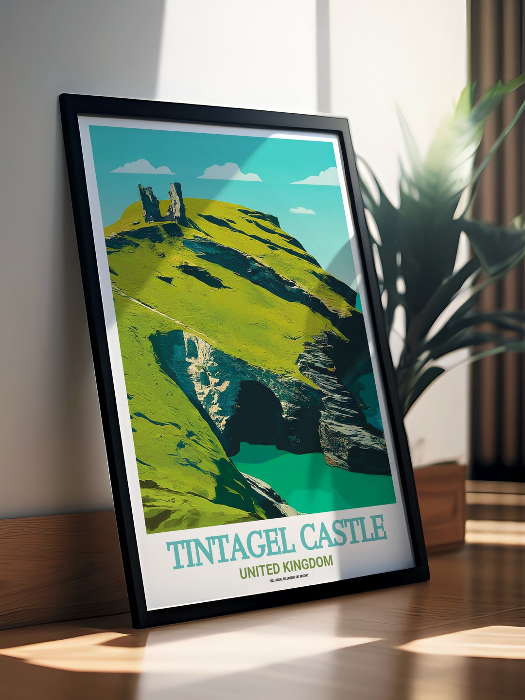 Tintagel Castle Canvas Art, depicting the scenic beauty and historical significance of Cornwalls famous site. This travel print captures the essence of the areas natural and mythological heritage, making it a beautiful focal point in any room.