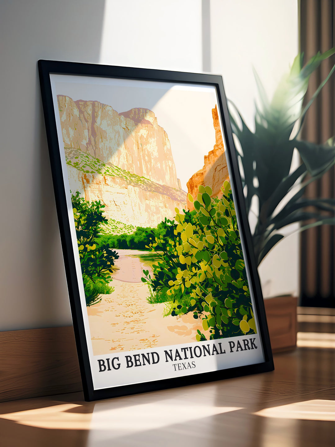 Rio Grande River South Rim cliffs in Big Bend Texas USA are beautifully captured in this vintage travel print making it a perfect wall decor for those who appreciate the grandeur of the American Southwest and the timeless appeal of retro travel art