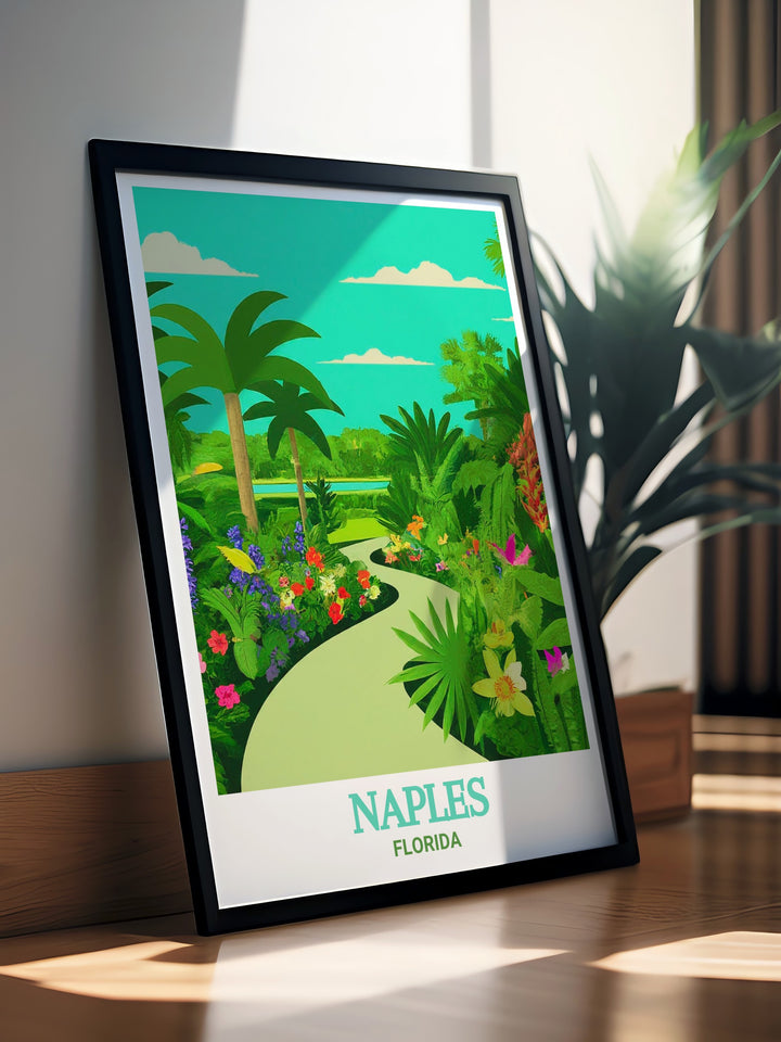 Florida Coast Travel Poster celebrates the diverse and breathtaking landscapes of Floridas Gulf Coast, from the bustling streets of Naples to the peaceful gardens and beaches. This print is perfect for anyone who loves the beach and the outdoors.