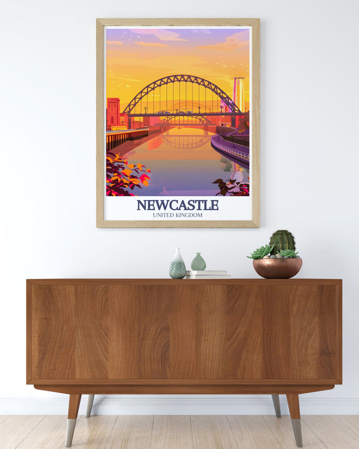 Showcase Newcastles architectural beauty with this print of the Tyne Bridge and Gateshead Millennium Bridge. This framed art adds a touch of elegance to any wall, making it a perfect vintage poster for collectors or travel art lovers. A wonderful gift for those who love UK landmarks.