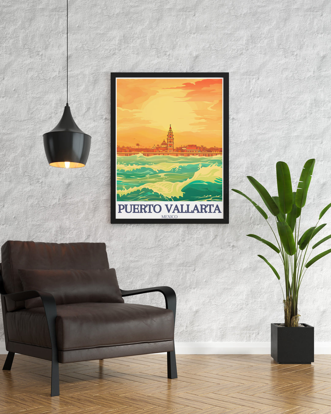 A fine line art print showcasing Puerto Vallartas famous Malecón boardwalk and the Church of Our Lady of Guadalupe. This modern black and white design captures the beauty of the citys landmarks, making it perfect for home decor or as a meaningful travel gift for lovers of Mexican culture.