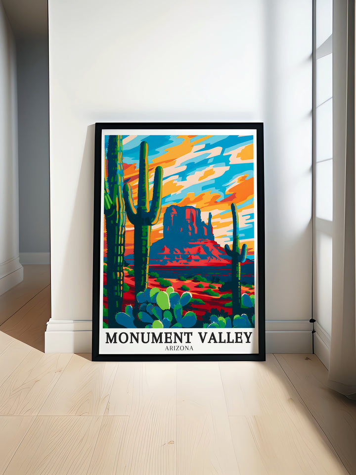 Monument Valley Art Poster featuring Merrick Butte and Saguaro Cactus is the perfect way to bring the beauty of the American Southwest into your home with vibrant colors and stunning details that add a natural touch to any living space.