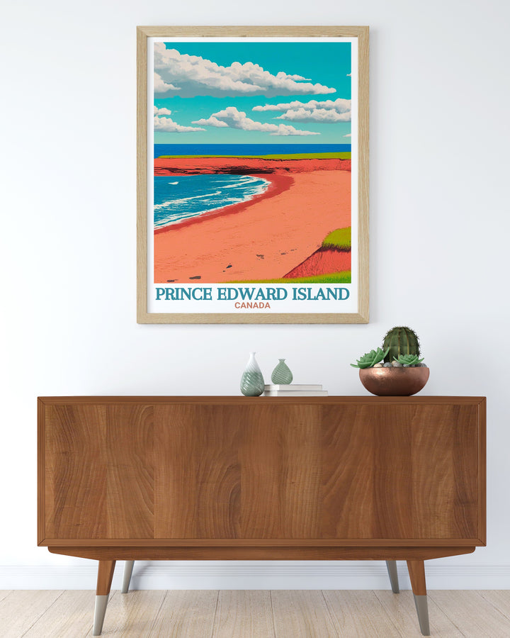 Modern art prints of Cavendish Beach featuring the iconic PEI lighthouse and breathtaking sunset landscape ideal for those seeking elegant home decor and thoughtful gifts that celebrate the natural beauty of Prince Edward Island.